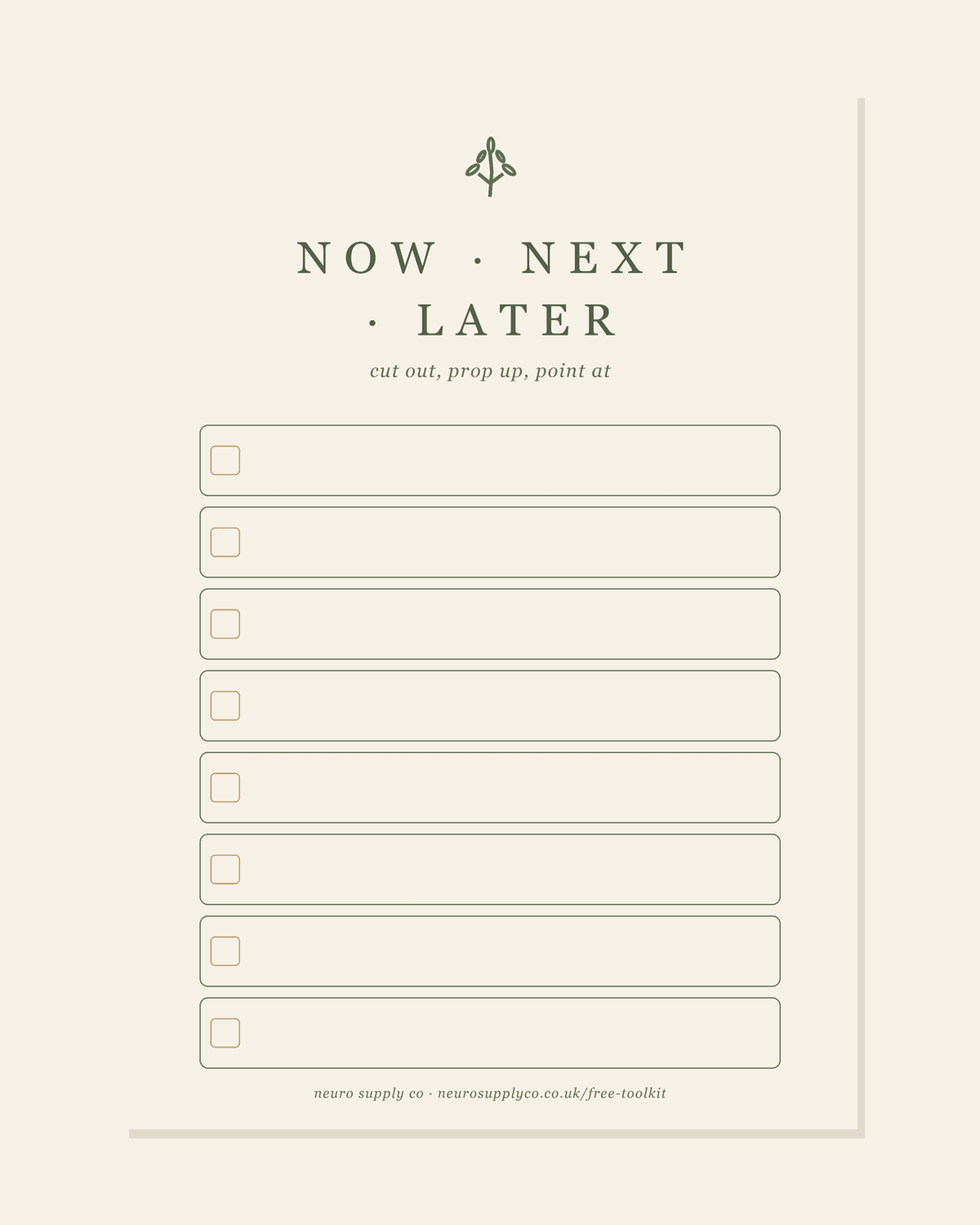 Now / Next / Later — Printable Cards